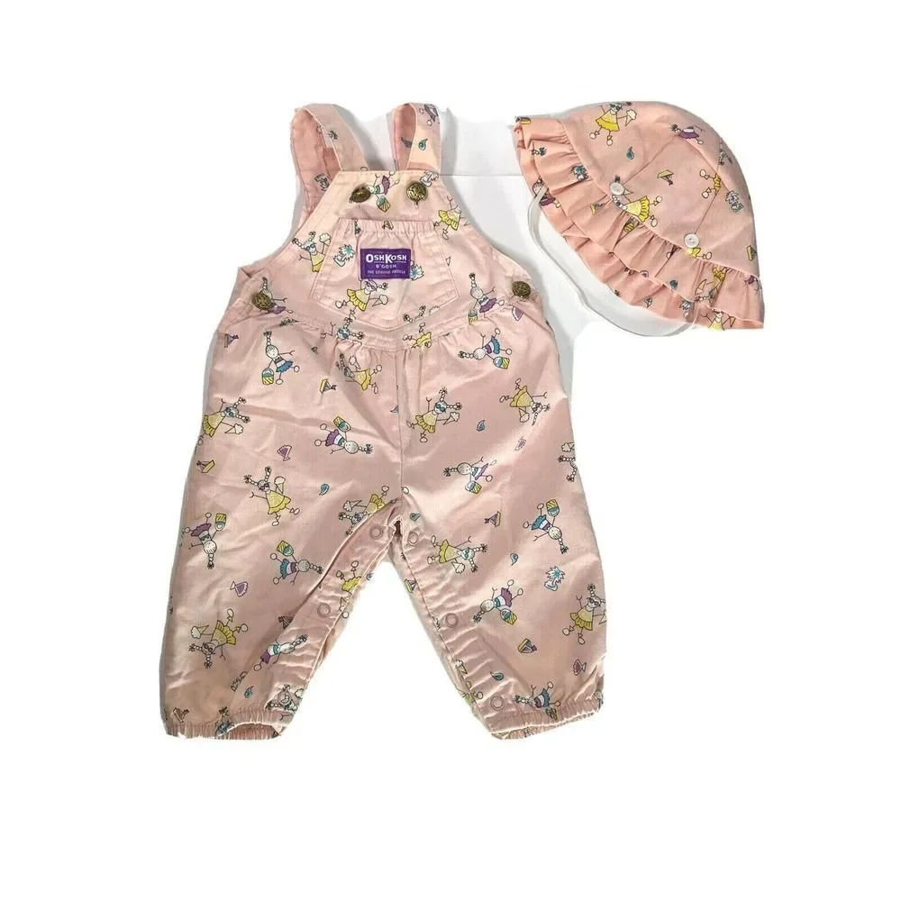 Rare Vintage OshKosh B’gosh Vestbak Overalls Girls‎ 6 9 M Matching Hat Ice cream